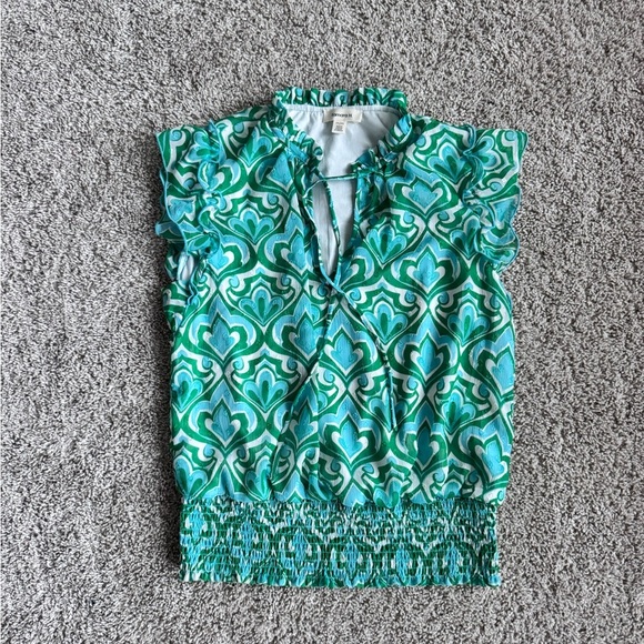 Womens colorful top Green & Blue Geometric Print Ruffle Blouse – Size Medium - Picture 2 of 6